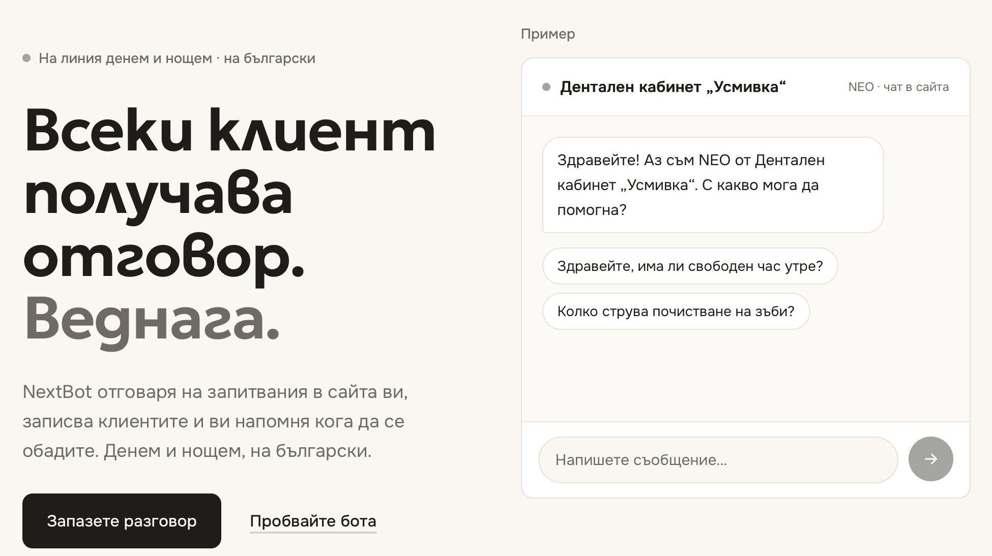 Началото на nextbot.me на компютър: заглавието и чатът на NEO